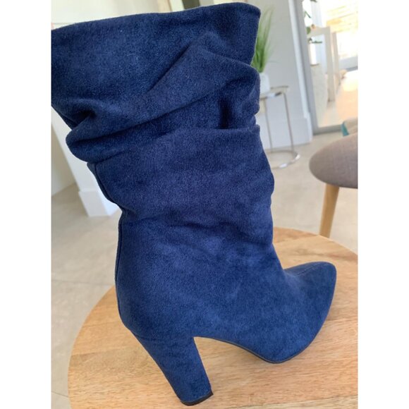 🆕Women's Navy Suede Mid Calf High Slouchy Chunky Heel Block Pointed Toe Boots - Picture 2 of 10